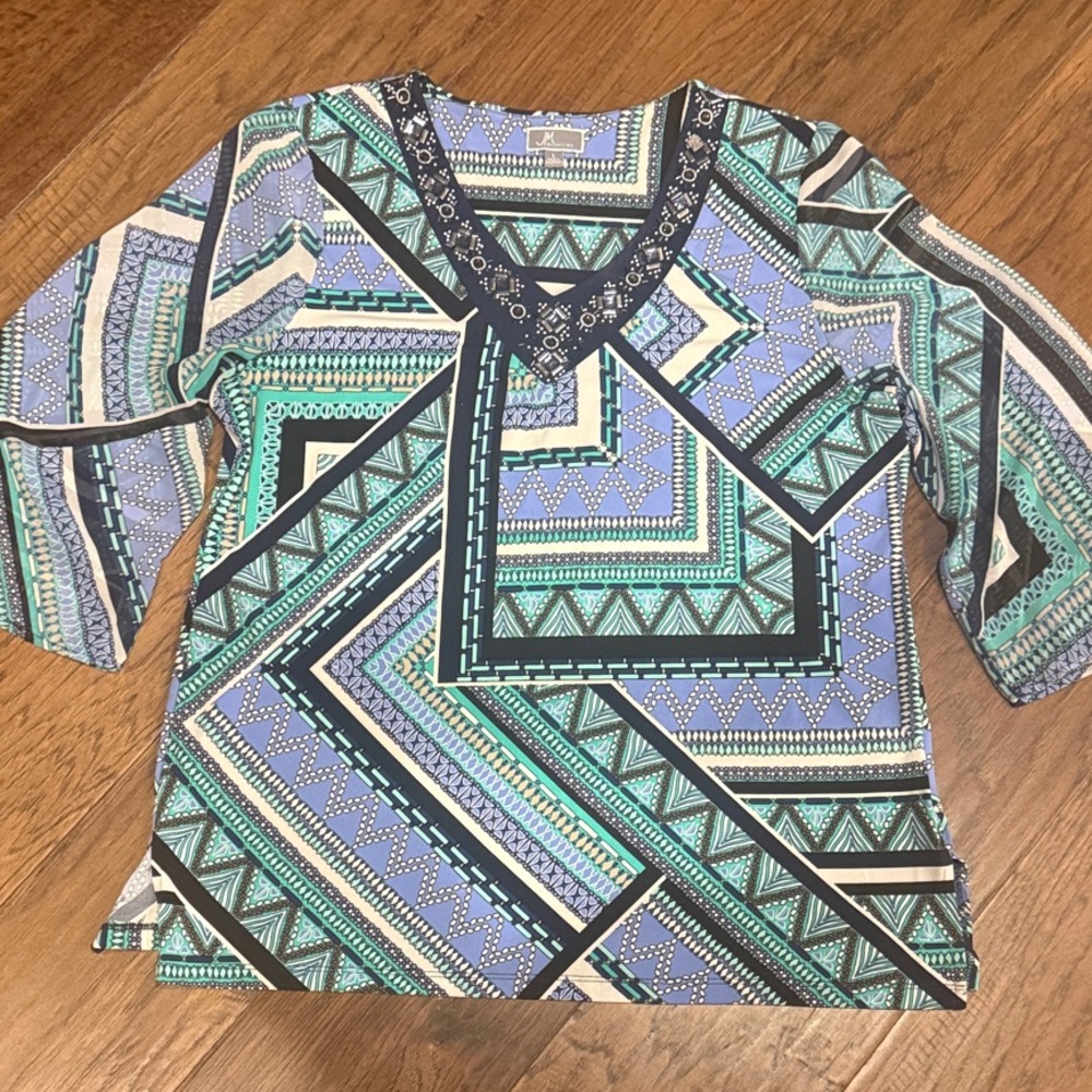 JM Collection Blue and Green Embellished V-Neck Top